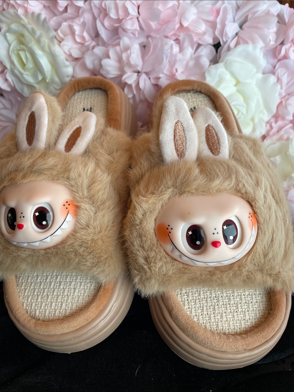 Plush Bunny Face Women's Slippers in Light Brown